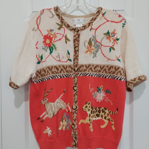 Susan Bristol Sweaters - Vintage Susan Bristol Safari Leopard Print Pink Short Sleeve Sweater Cardigan